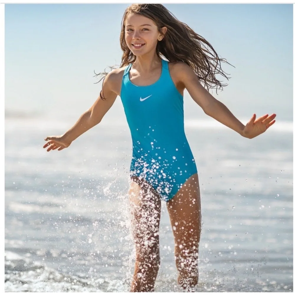 Nike Girls Blue One Piece Swimsuit Racerback Cutout Swimwear 14-16